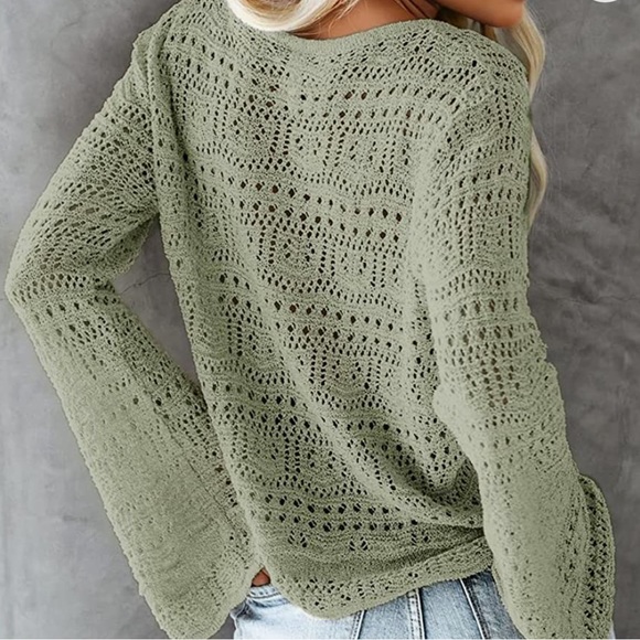 ARMY GREEN Womens Boho Off Shoulder Sheer Crop Tops Bell Sleeve SZ L NEW! - Picture 4 of 5